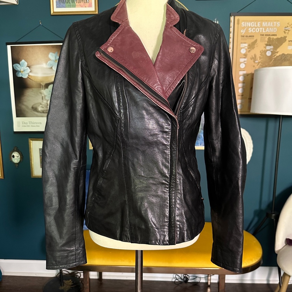 Ted Baker Black and Burgundy Leather Jacket